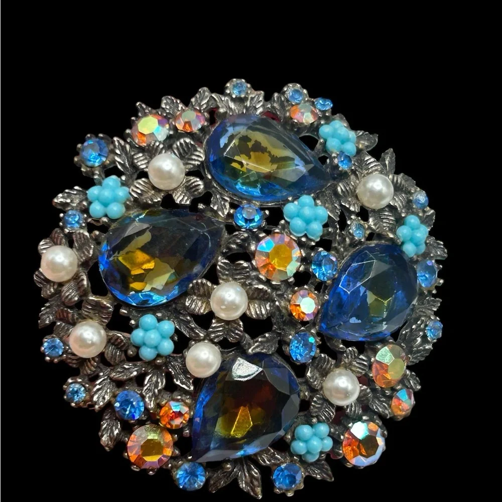 Vintage ART Arthur Pepper Floral Blue Rhinestone Brooch Earring Set